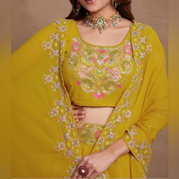 Yellow Sequined Embroidered Work Faux Georgette Fabric Flared Lehenga Choli - Picture 3 of 14